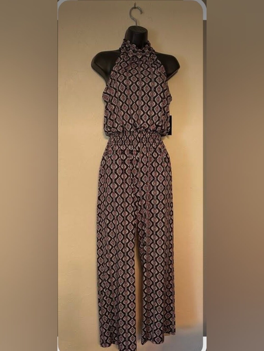 En Focus Studio Geometric Halter Jumpsuit, Wide Leg, Elastic Waist, Pockets 4